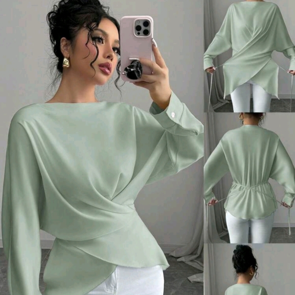 Tops - Women's Autumn/Winter Off-Shoulder Long Sleeve Loose Fit Cross-Front Tie